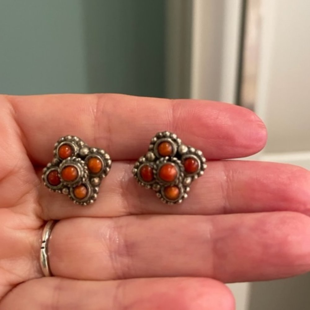 Silver and Coral stud earrings from India